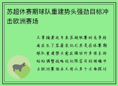 苏超休赛期球队重建势头强劲目标冲击欧洲赛场