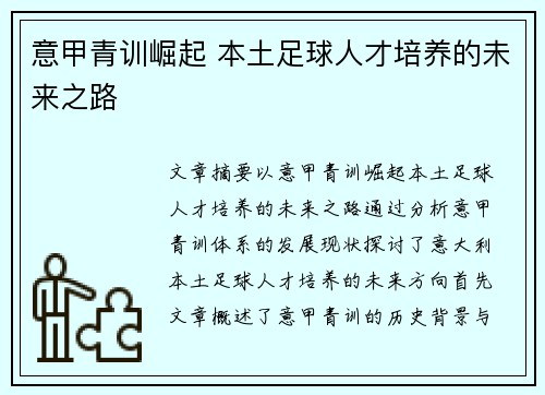 意甲青训崛起 本土足球人才培养的未来之路